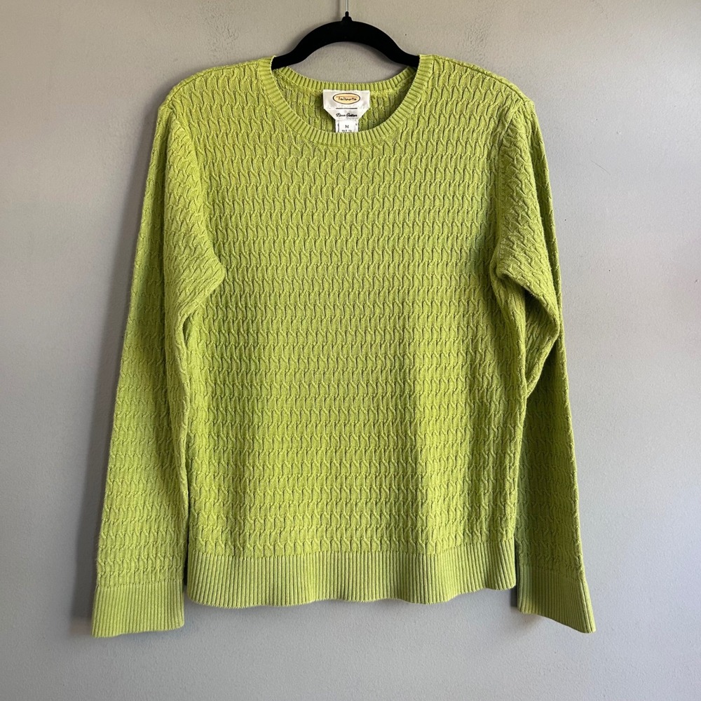 Talbots Lime Green Pima Cotton Cable Knit Crew Neck Sweater Womens Medium